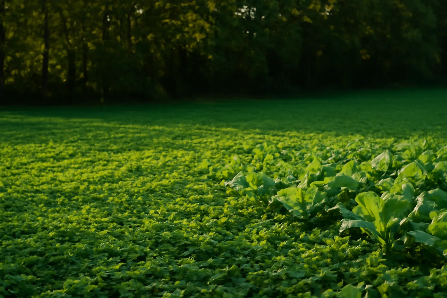 Green clover and brassica food plot bordered by autumn hardwoods at dusk