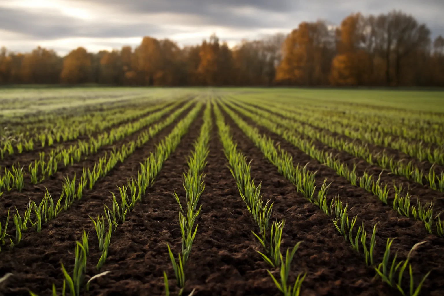 Rows of young winter rye food plot seedlings emerging in a tilled fall field